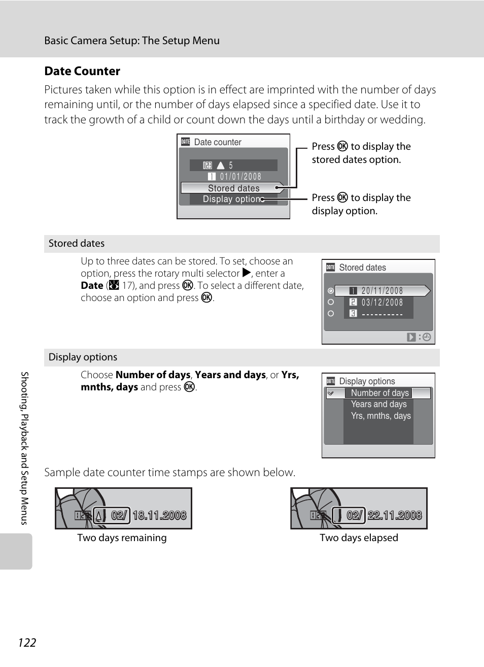 A 122), Date counter | Nikon S710 User Manual | Page 134 / 172