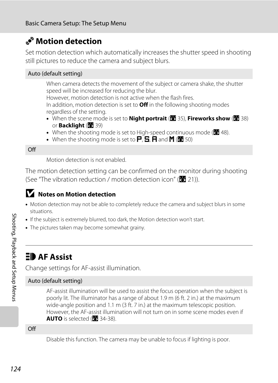 Motion detection, Af assist, U motion detection h af assist | A 124), De (a 124) whe, A 124, Umotion detection, Haf assist | Nikon S710 User Manual | Page 136 / 172