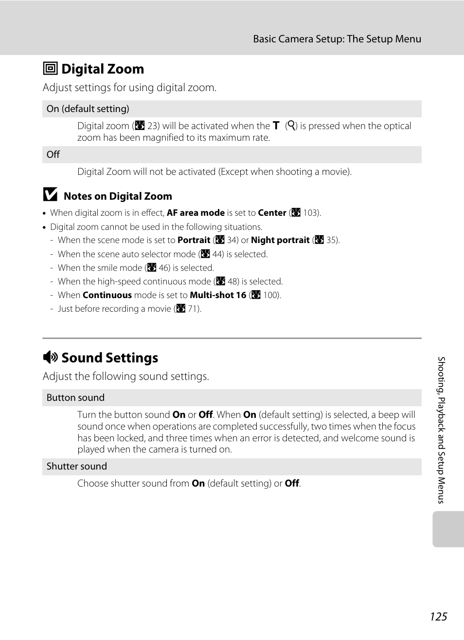 Digital zoom, Sound settings, U digital zoom i sound settings | A 125, Udigital zoom, Isound settings | Nikon S710 User Manual | Page 137 / 172