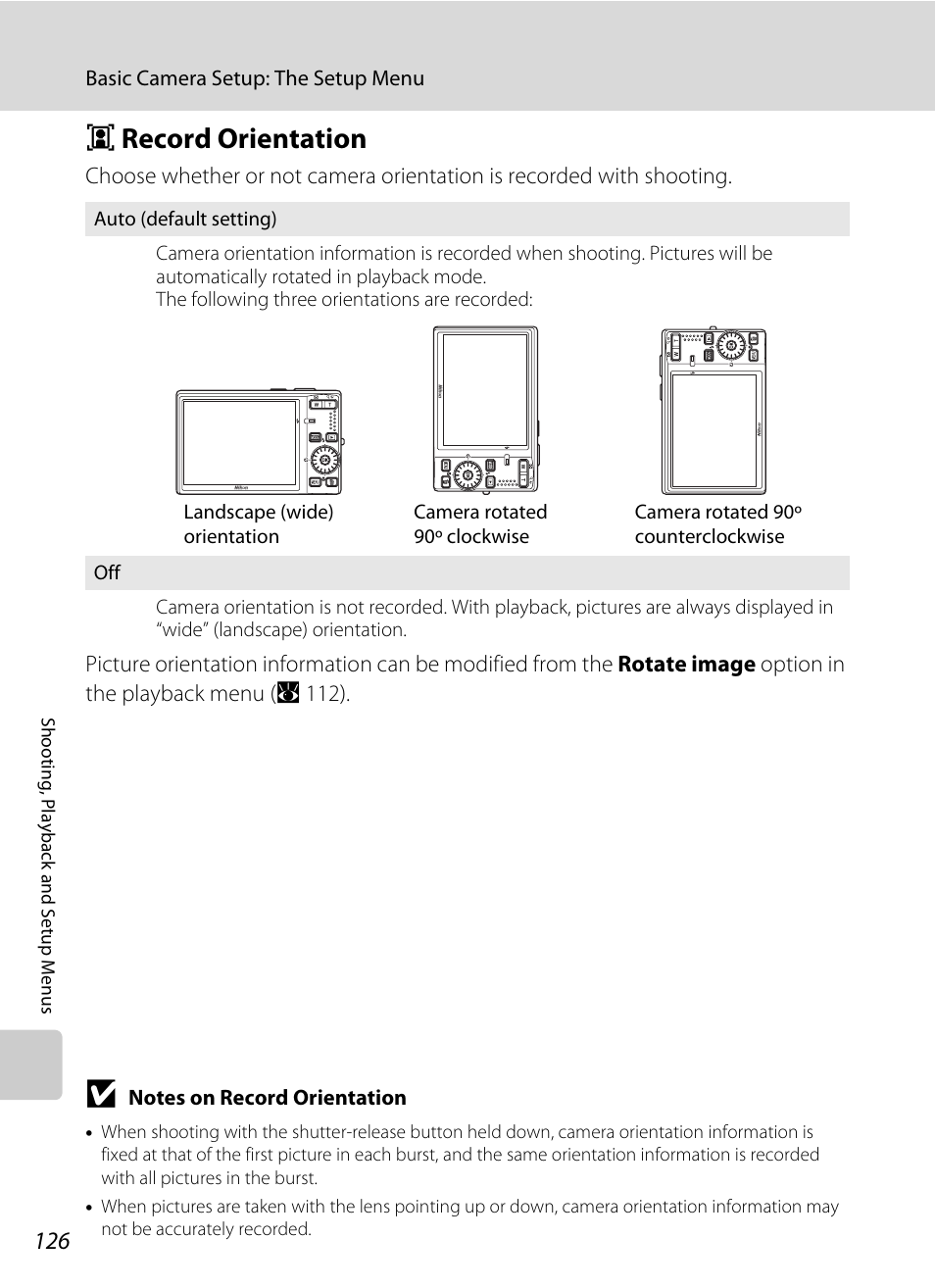 Record orientation, J record orientation, Automatically (a 126). the | A 126, Jrecord orientation | Nikon S710 User Manual | Page 138 / 172