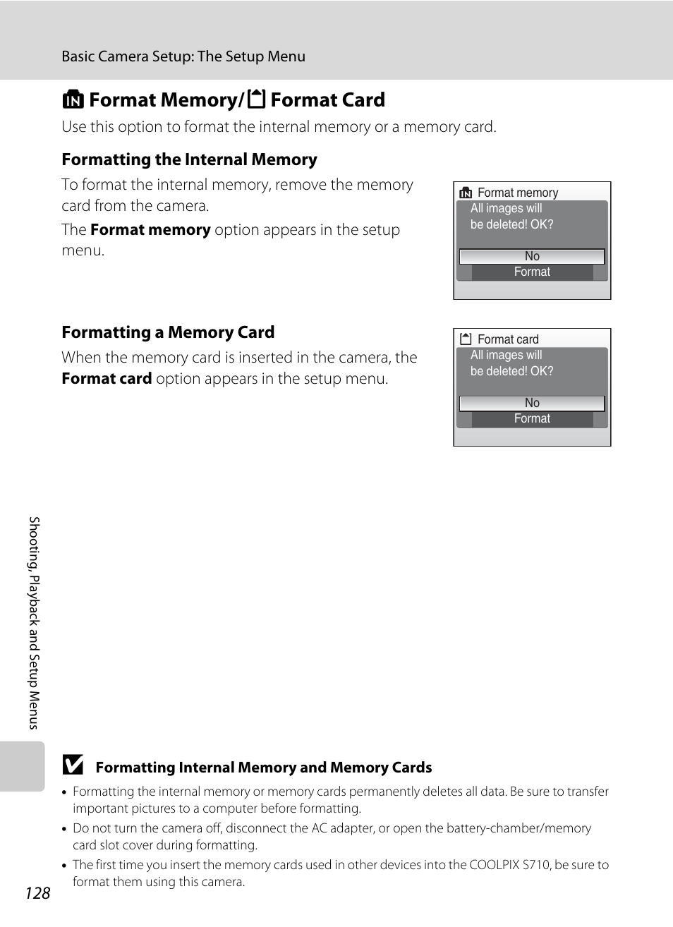 Format memory/format card, L format memory/m format card, A 128) | A 128 | Nikon S710 User Manual | Page 140 / 172