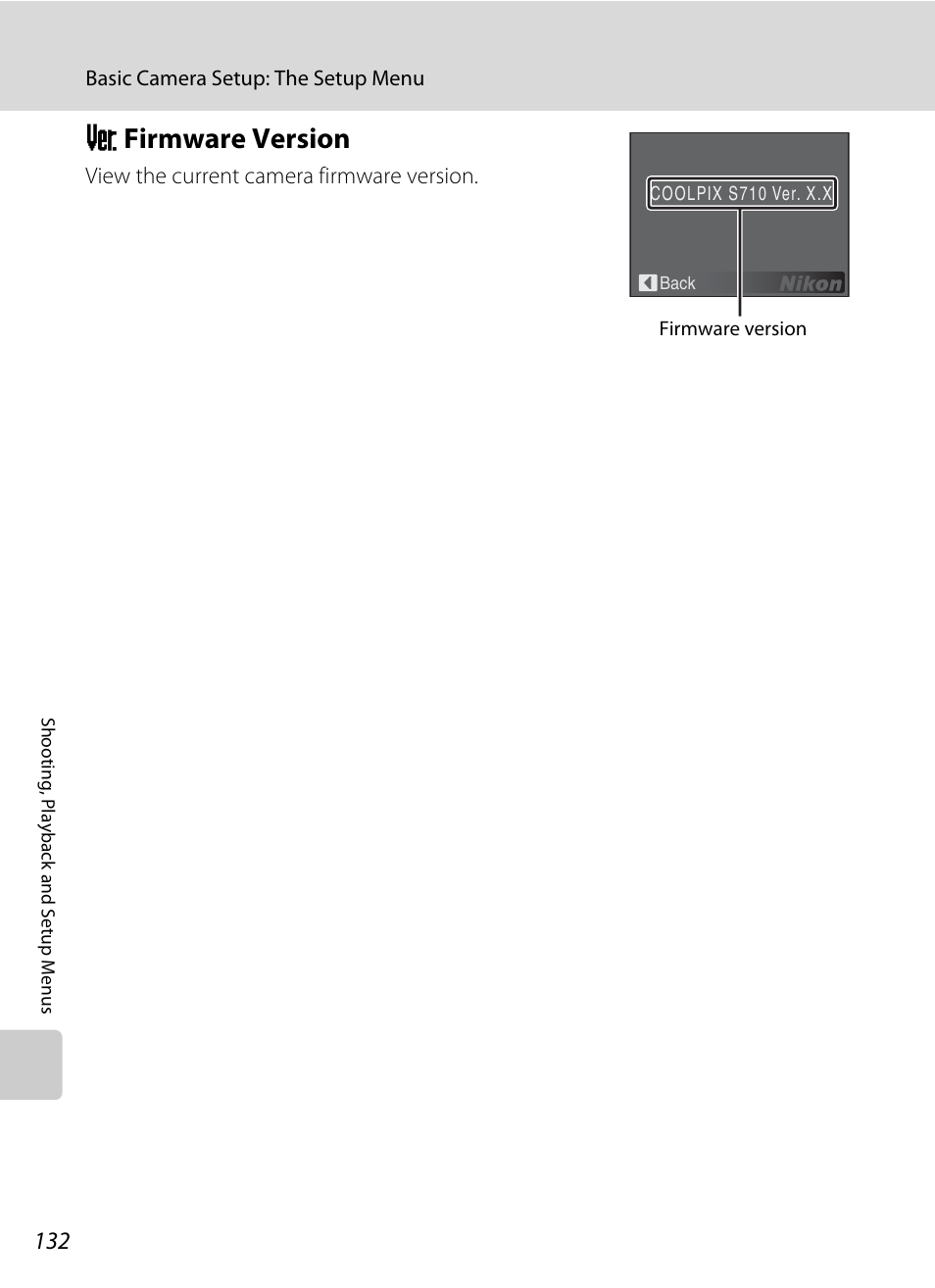 Firmware version, R firmware version, A 132 | Rfirmware version | Nikon S710 User Manual | Page 144 / 172