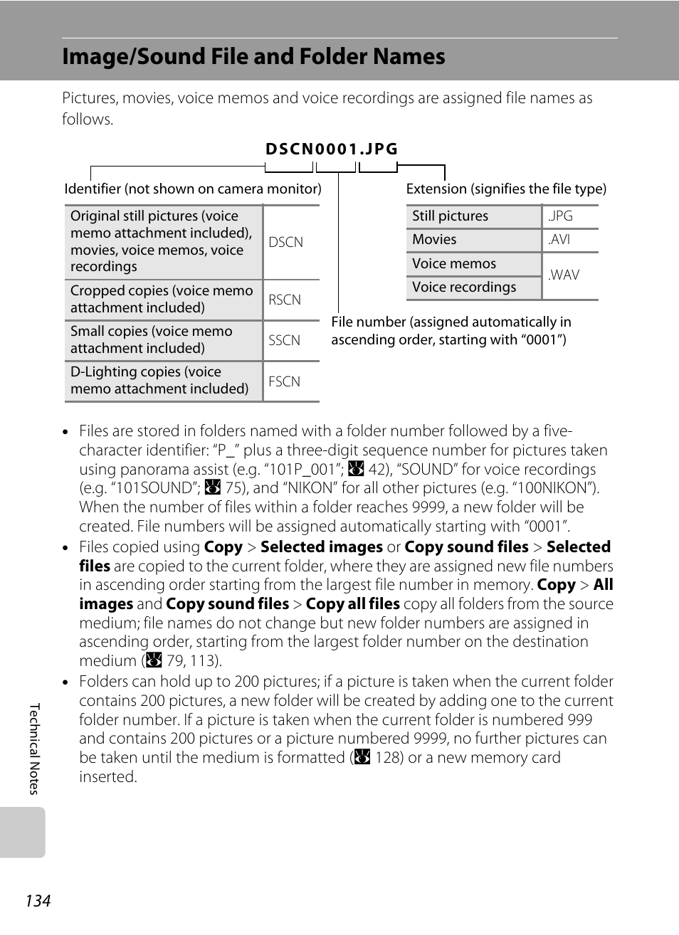 Image/sound file and folder names, A 134) f, A 134). th | A 134) for mor, A 134) fr | Nikon S710 User Manual | Page 146 / 172