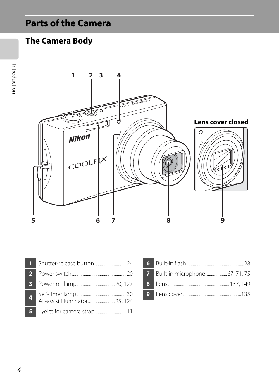 Parts of the camera, The camera body | Nikon S710 User Manual | Page 16 / 172