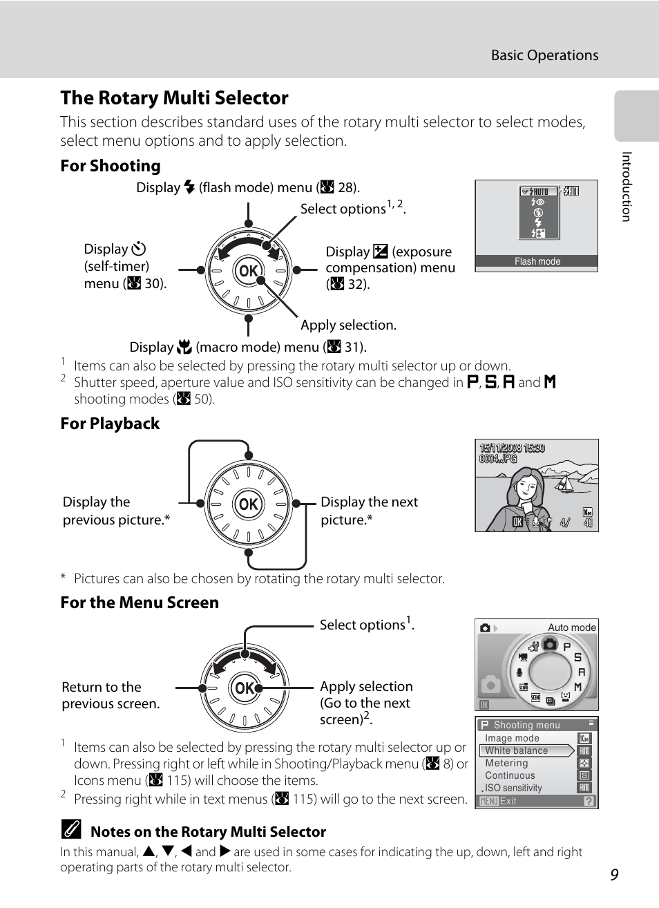 The rotary multi selector, A 9) to choose, For shooting | For playback, For the menu screen | Nikon S710 User Manual | Page 21 / 172