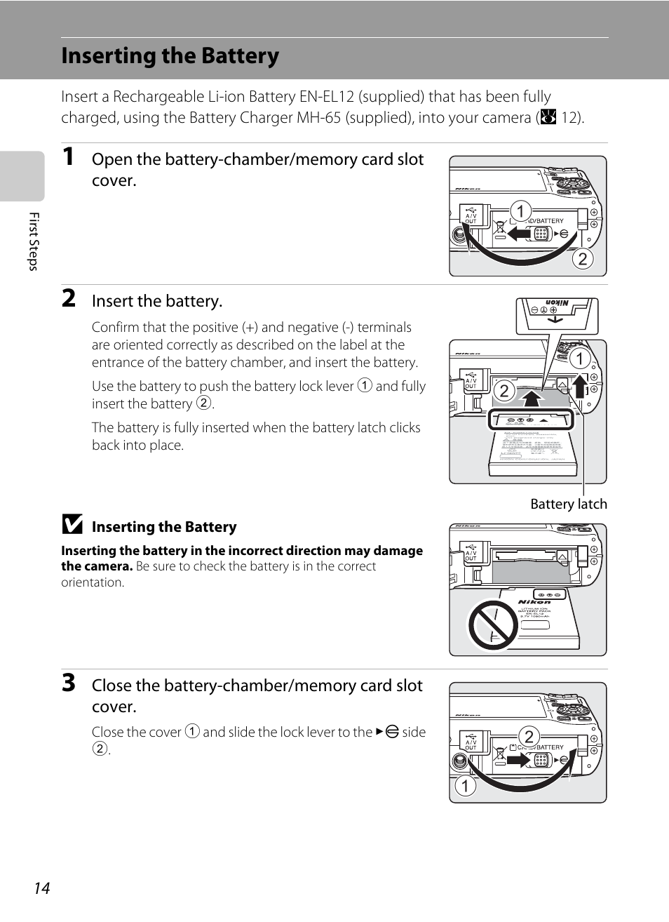 Inserting the battery | Nikon S710 User Manual | Page 26 / 172