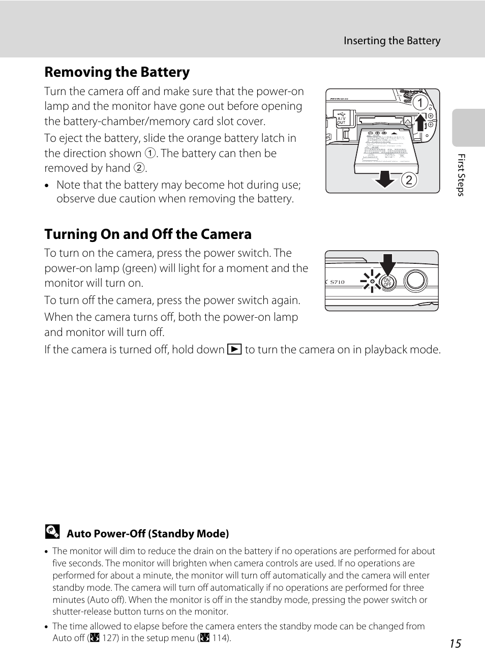 Removing the battery, Turning on and off the camera, Removing the battery turning on and off the camera | Nikon S710 User Manual | Page 27 / 172