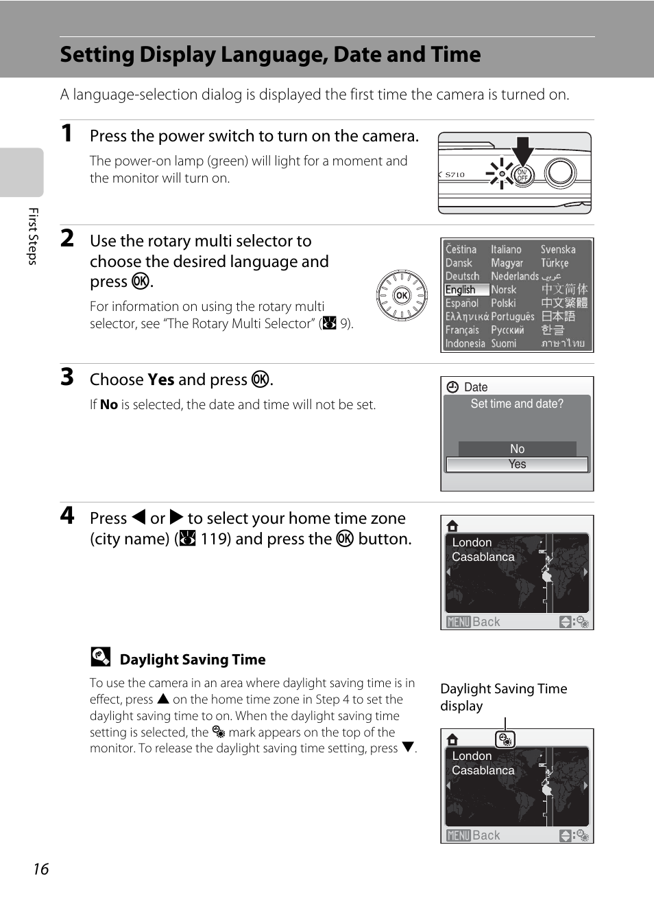 Setting display language, date and time | Nikon S710 User Manual | Page 28 / 172