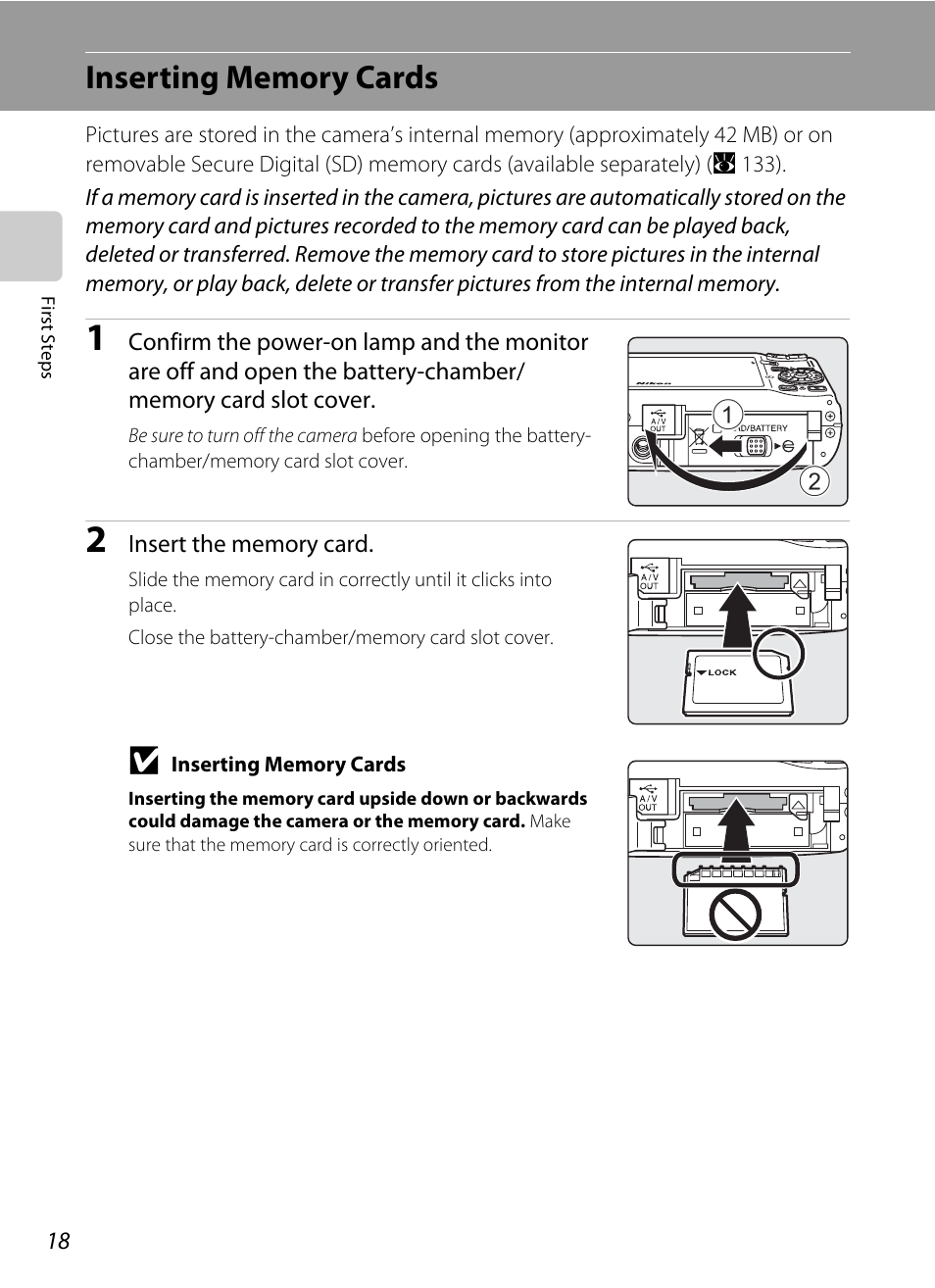 Inserting memory cards | Nikon S710 User Manual | Page 30 / 172