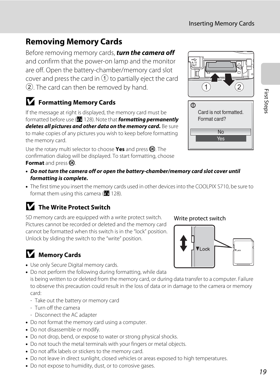 Removing memory cards | Nikon S710 User Manual | Page 31 / 172