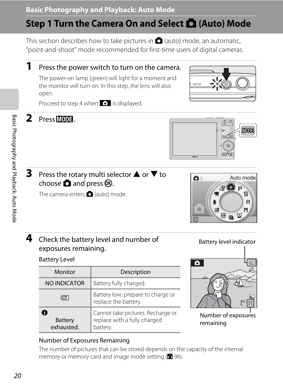 Basic photography and playback: auto mode, Step 1 turn the camera on and select (auto) mode, A basic photography and playback: auto mode | Step 1 turn the camera on and select a (auto) mode, A 20) | Nikon S710 User Manual | Page 32 / 172