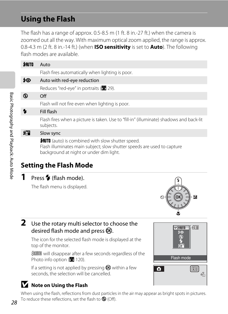 Using the flash, Setting the flash mode, A 28) | A 28) and se | Nikon S710 User Manual | Page 40 / 172