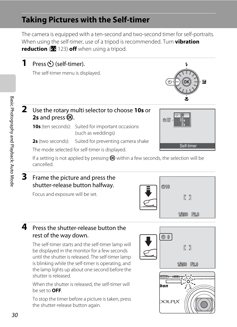 Taking pictures with the self-timer, A 30, A 30). pr | Nikon S710 User Manual | Page 42 / 172