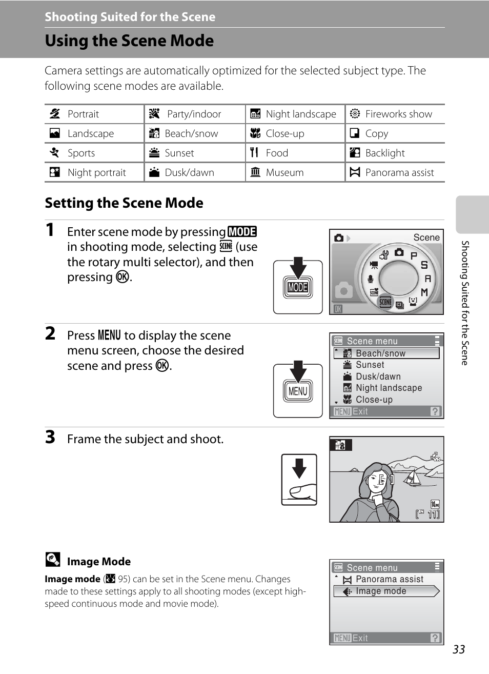 Shooting suited for the scene, Using the scene mode, Setting the scene mode | Shooting suited for the scene c x, C using the scene mode, A 33) | Nikon S710 User Manual | Page 45 / 172