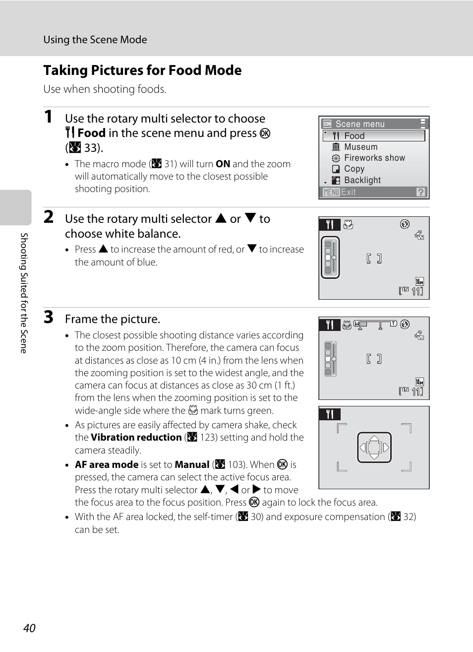 Taking pictures for food mode, A 40 | Nikon S710 User Manual | Page 52 / 172