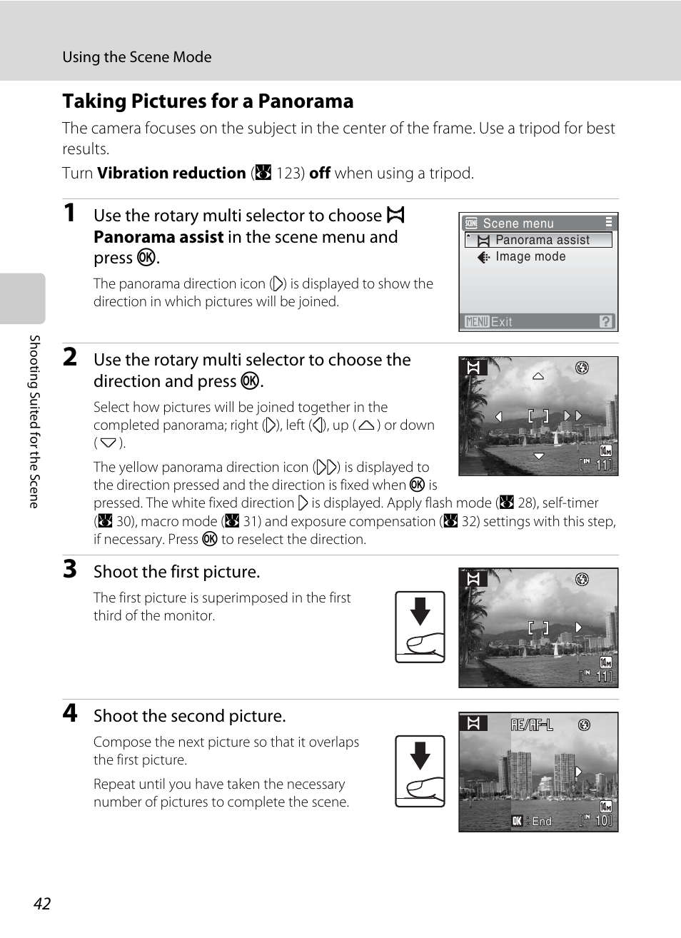 Taking pictures for a panorama, A 42) for | Nikon S710 User Manual | Page 54 / 172