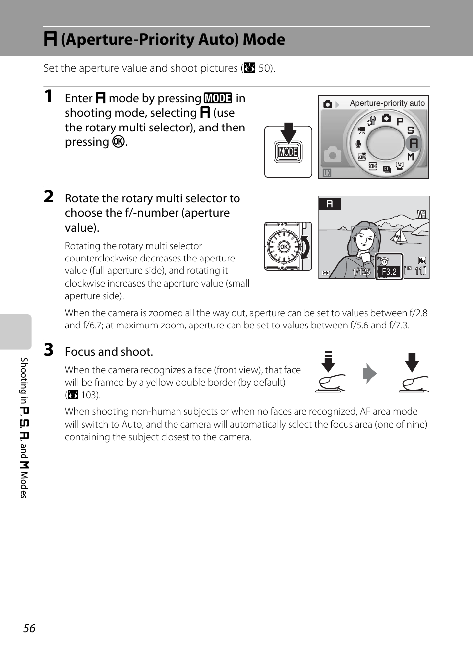 A (aperture-priority auto) mode, V (aperture-priority auto) mode, A 56) | V(aperture-priority auto) mode | Nikon S710 User Manual | Page 68 / 172