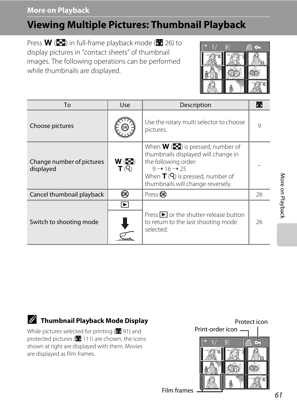 More on playback, Viewing multiple pictures: thumbnail playback, C more on playback | Nikon S710 User Manual | Page 73 / 172