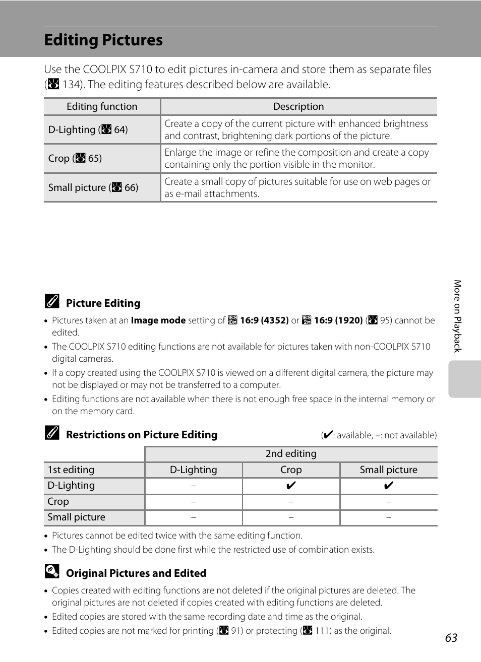 Editing pictures | Nikon S710 User Manual | Page 75 / 172