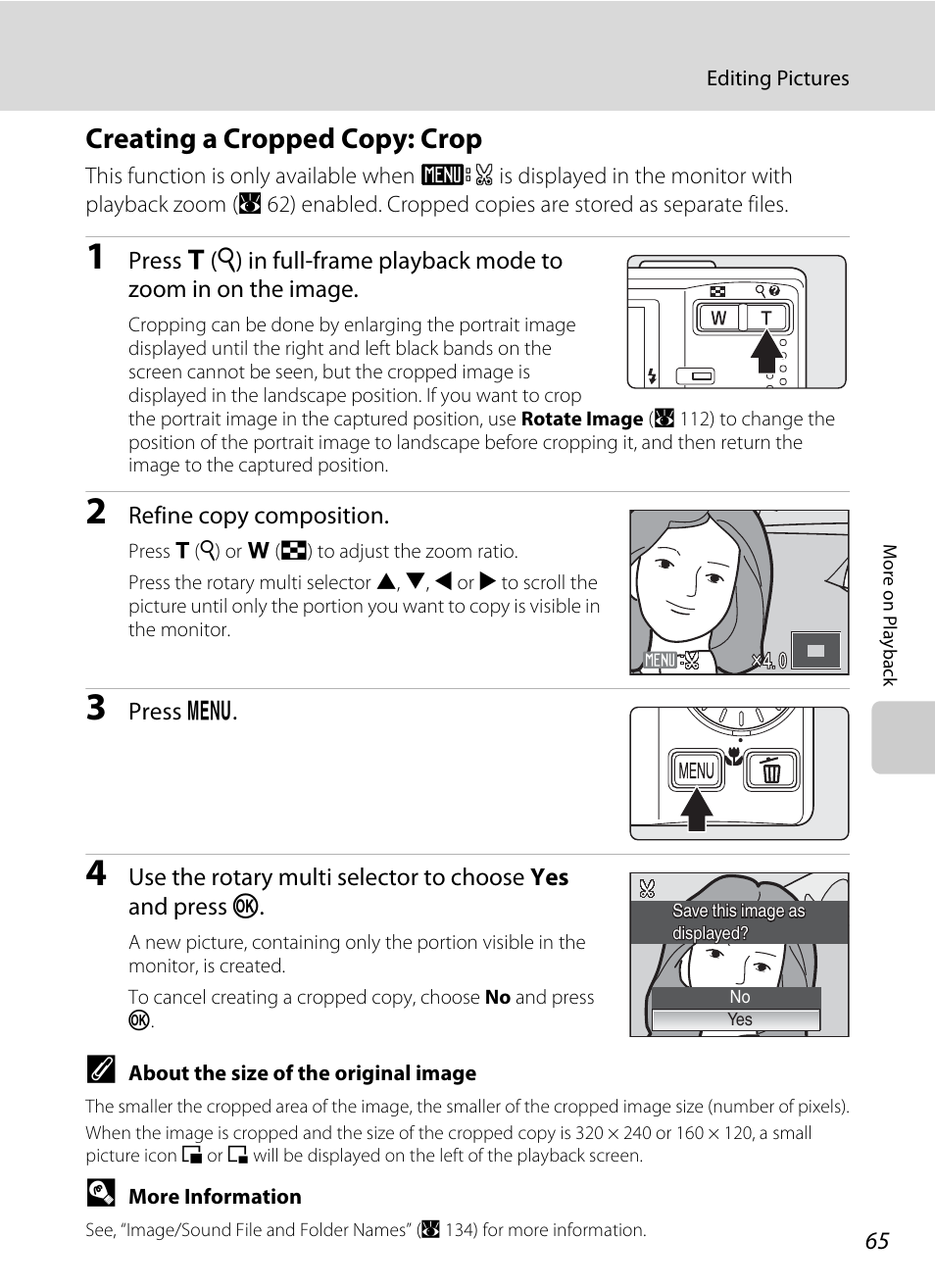 Creating a cropped copy: crop, A 65) | Nikon S710 User Manual | Page 77 / 172
