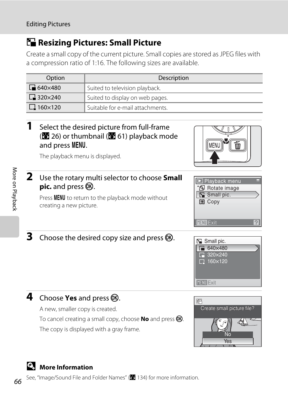 Resizing pictures: small picture, G resizing pictures: small picture, A 66) | Gresizing pictures: small picture | Nikon S710 User Manual | Page 78 / 172