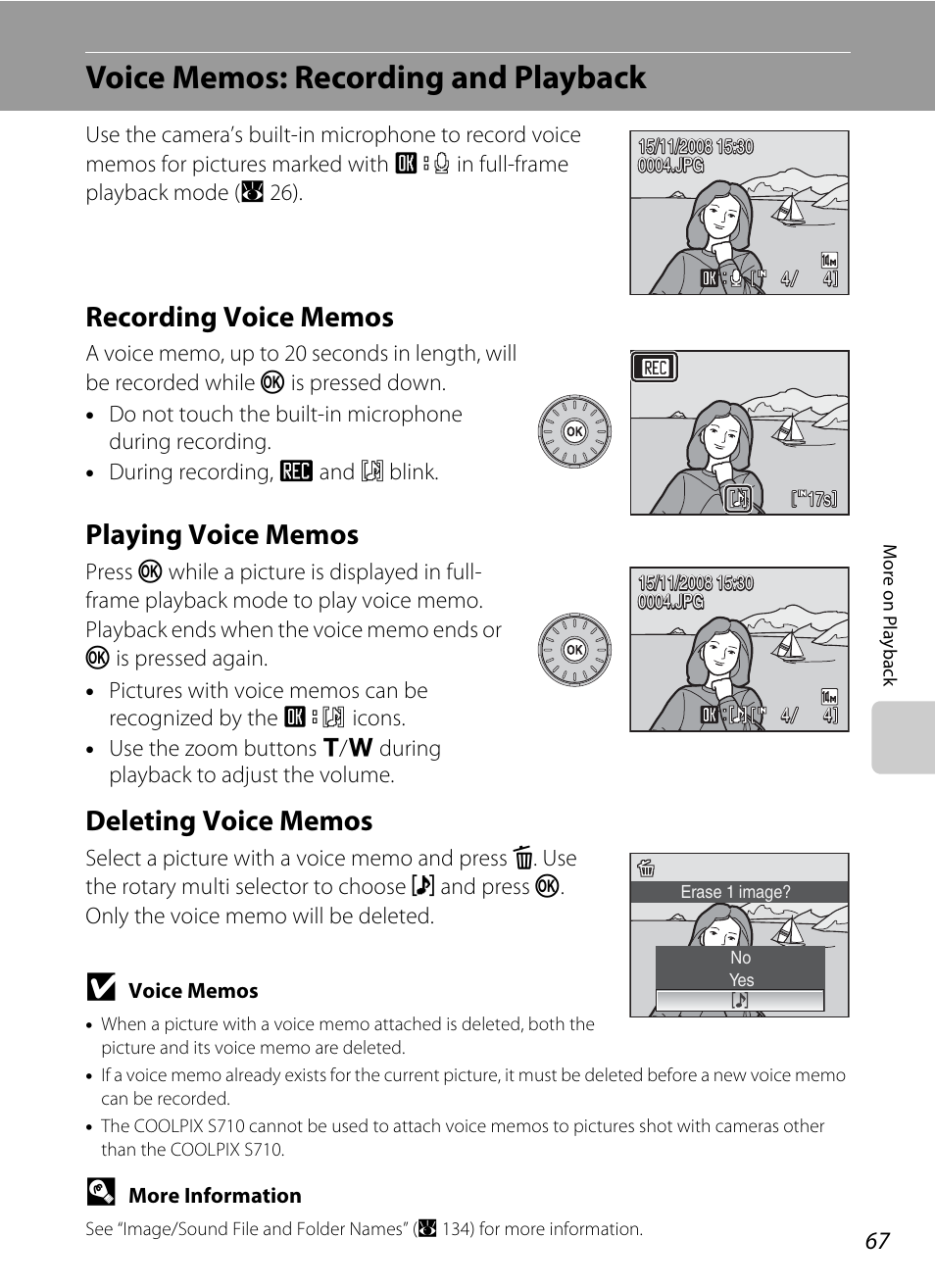 Voice memos: recording and playback, Recording voice memos, Playing voice memos | Deleting voice memos | Nikon S710 User Manual | Page 79 / 172