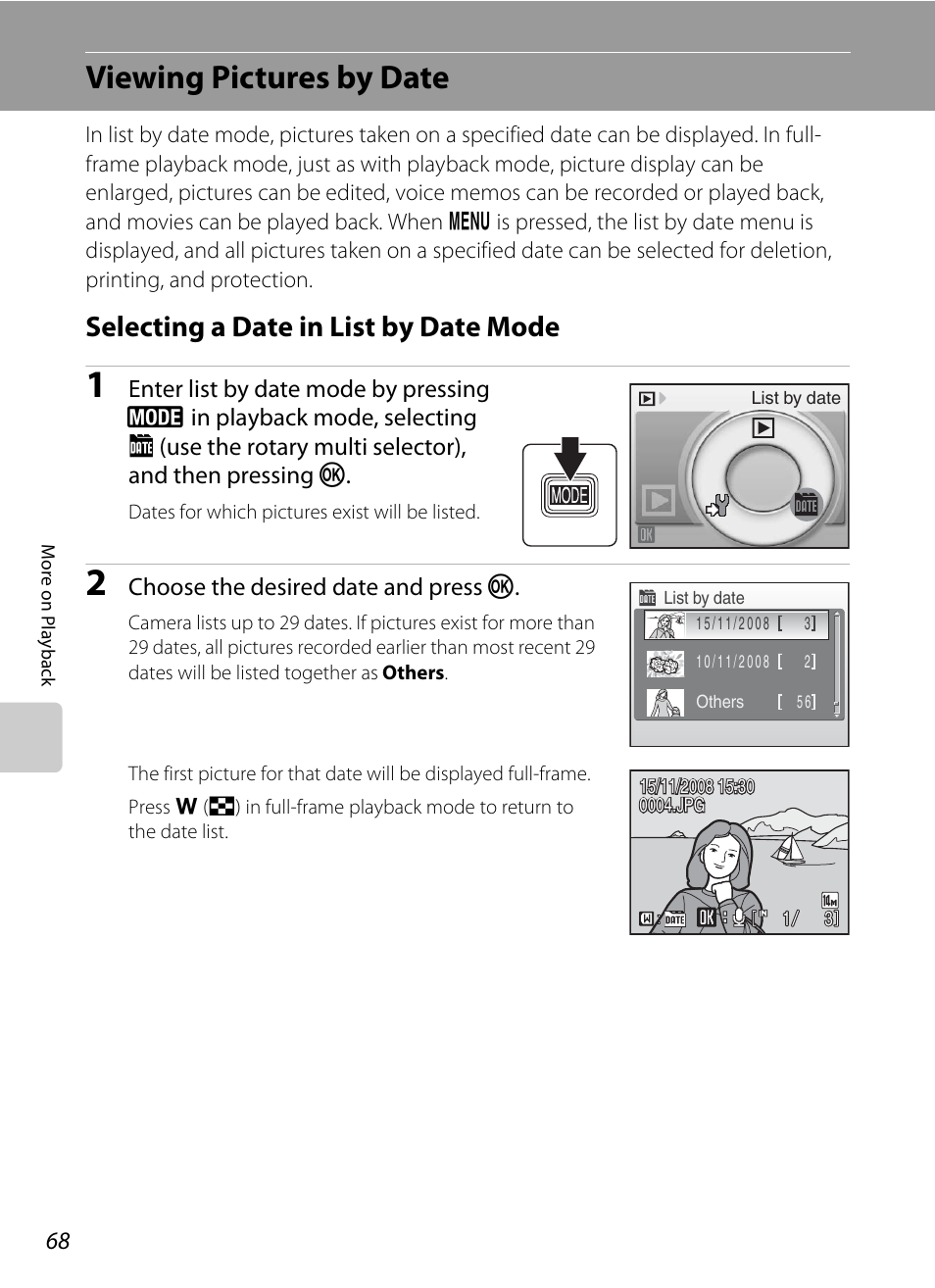Viewing pictures by date, Selecting a date in list by date mode, By date mode (a 68) | Nikon S710 User Manual | Page 80 / 172