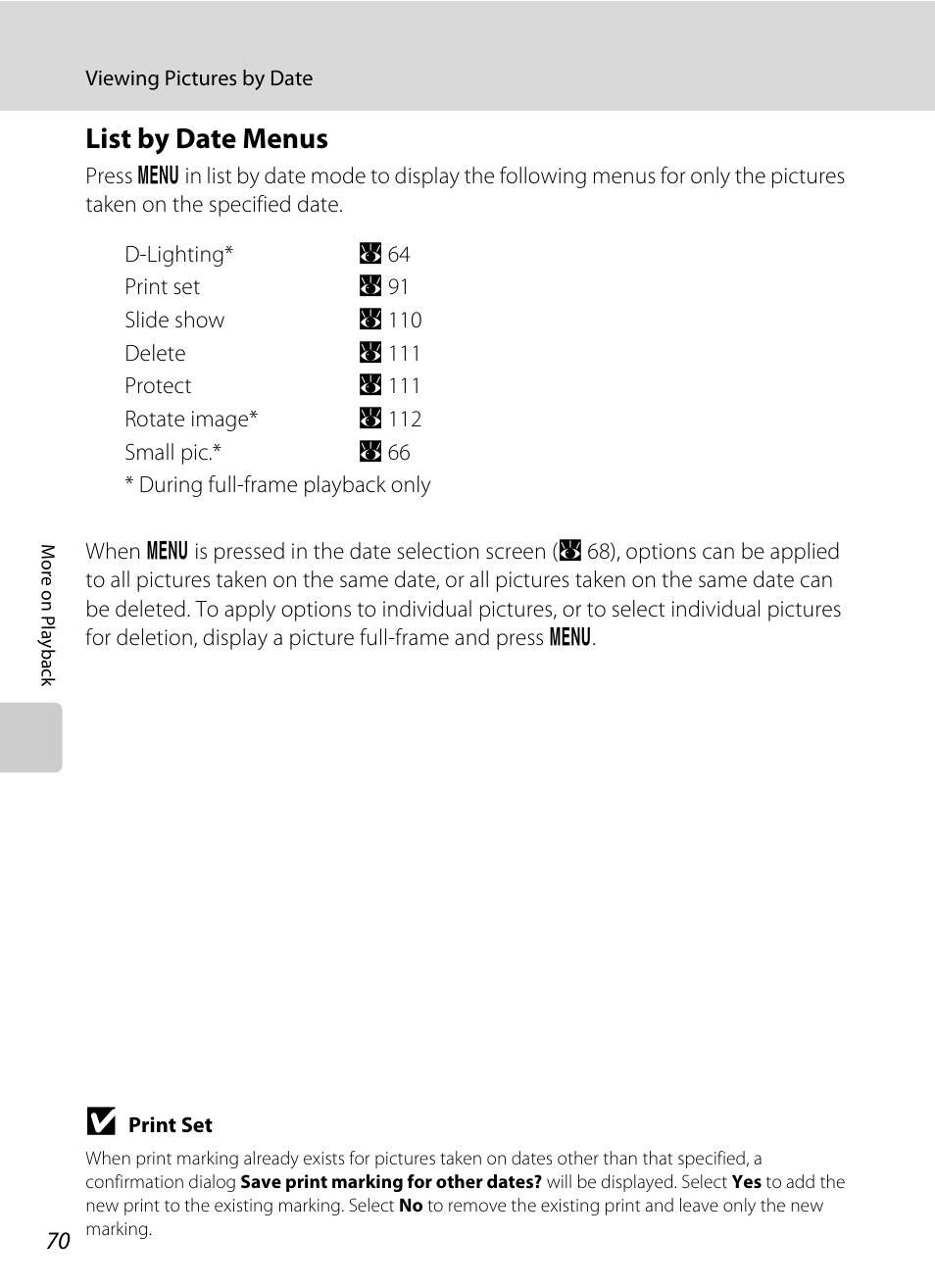 List by date menus, A 70) | Nikon S710 User Manual | Page 82 / 172