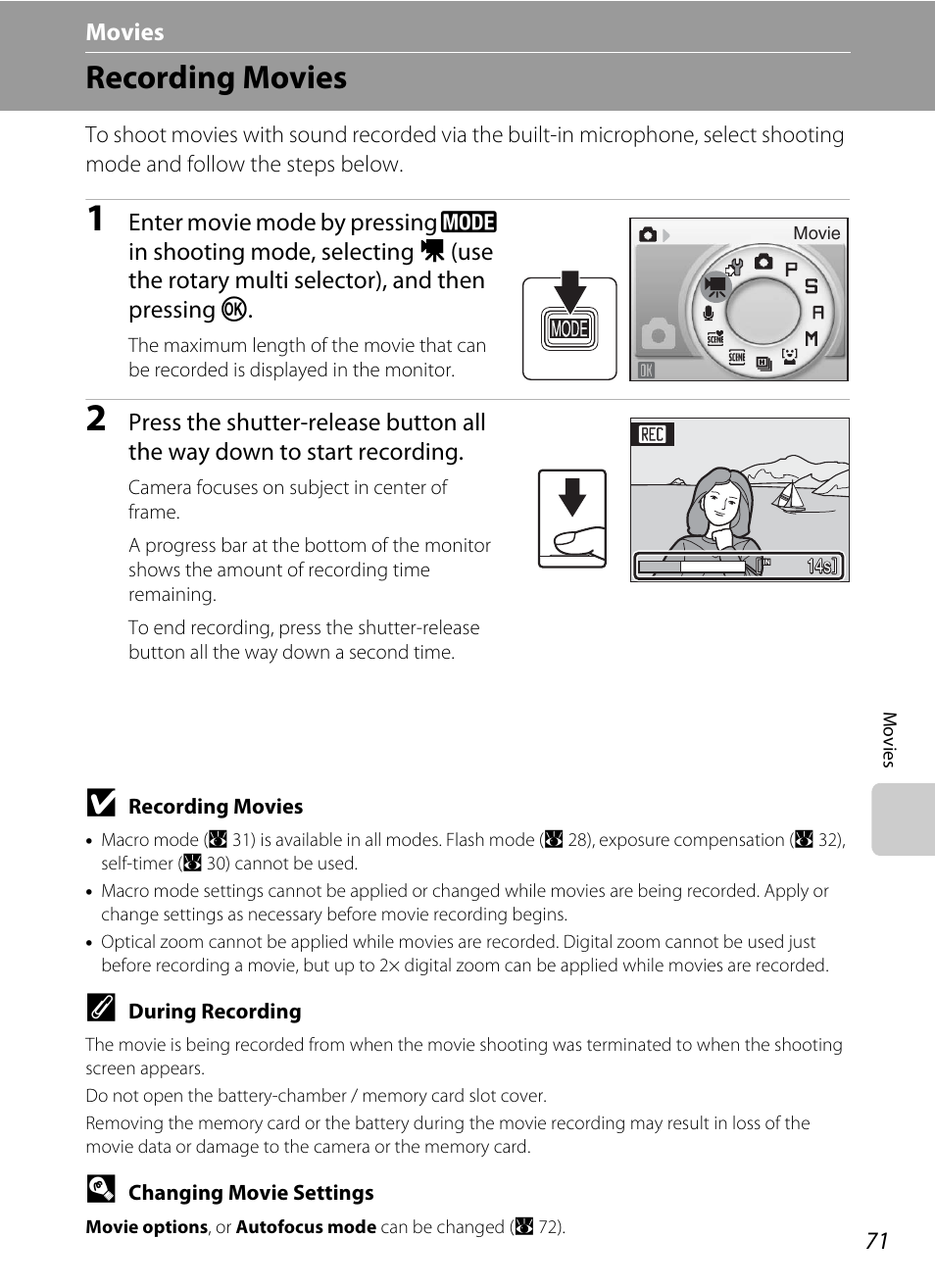 Movies, Recording movies, D movies | A 71) | Nikon S710 User Manual | Page 83 / 172