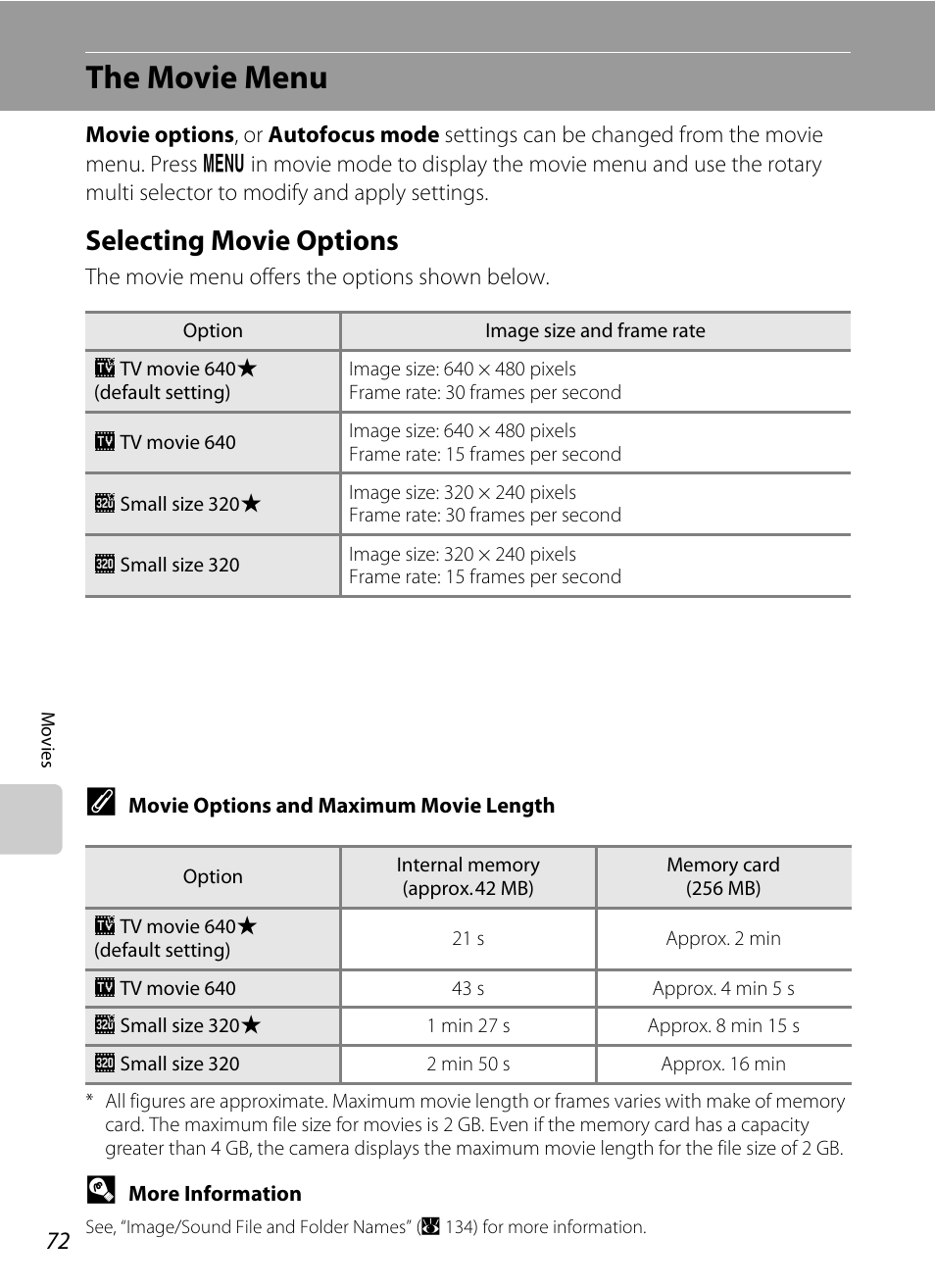 The movie menu, Selecting movie options, A 72) | Nikon S710 User Manual | Page 84 / 172