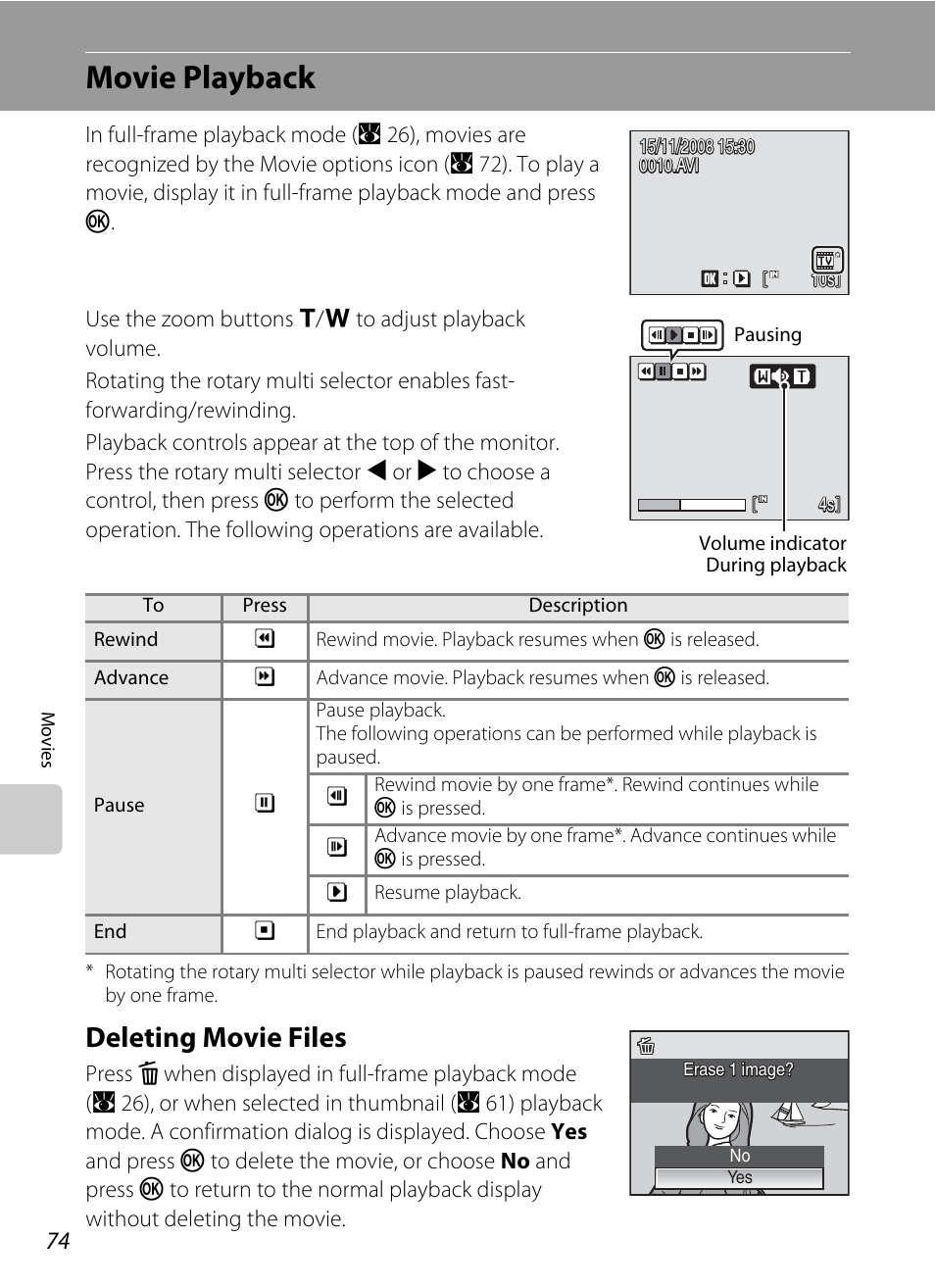 Movie playback, Deleting movie files | Nikon S710 User Manual | Page 86 / 172