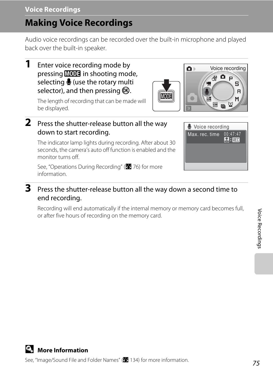 Voice recordings, Making voice recordings, E voice recordings | A 75) | Nikon S710 User Manual | Page 87 / 172