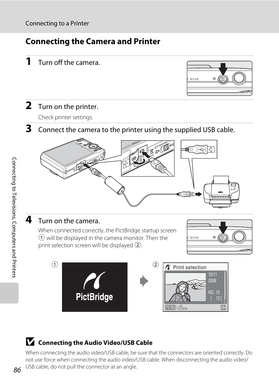 Connecting the camera and printer, R (a 86) | Nikon S710 User Manual | Page 98 / 172