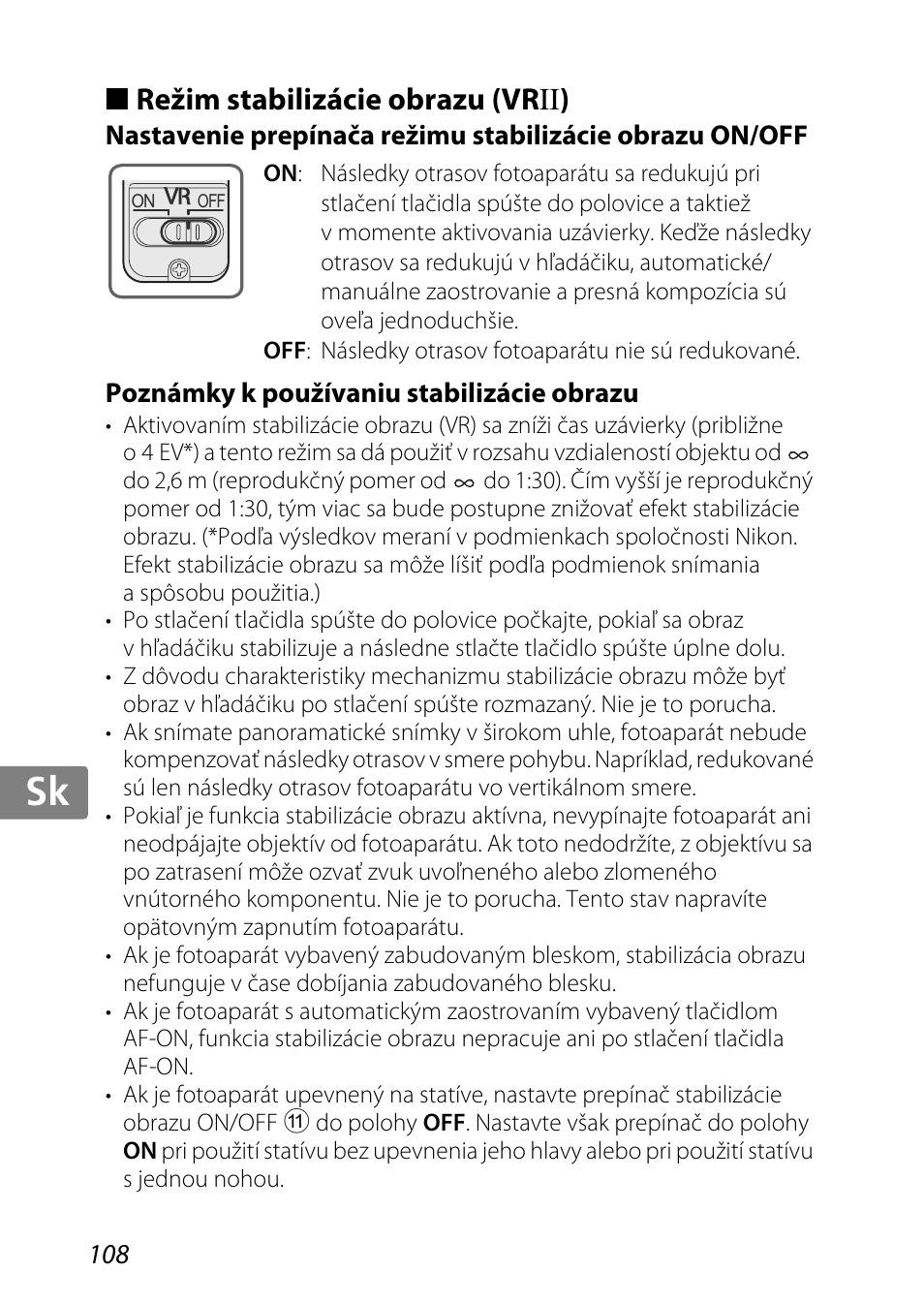Režim stabilizácie obrazu (vrii), Poznámky k používaniu stabilizácie obrazu, Jp kr de it cz sk ck ch nl ru sv es en fr | Nikon AF-S DX Micro-NIKKOR 85mm f-3.5G ED VR User Manual | Page 108 / 152