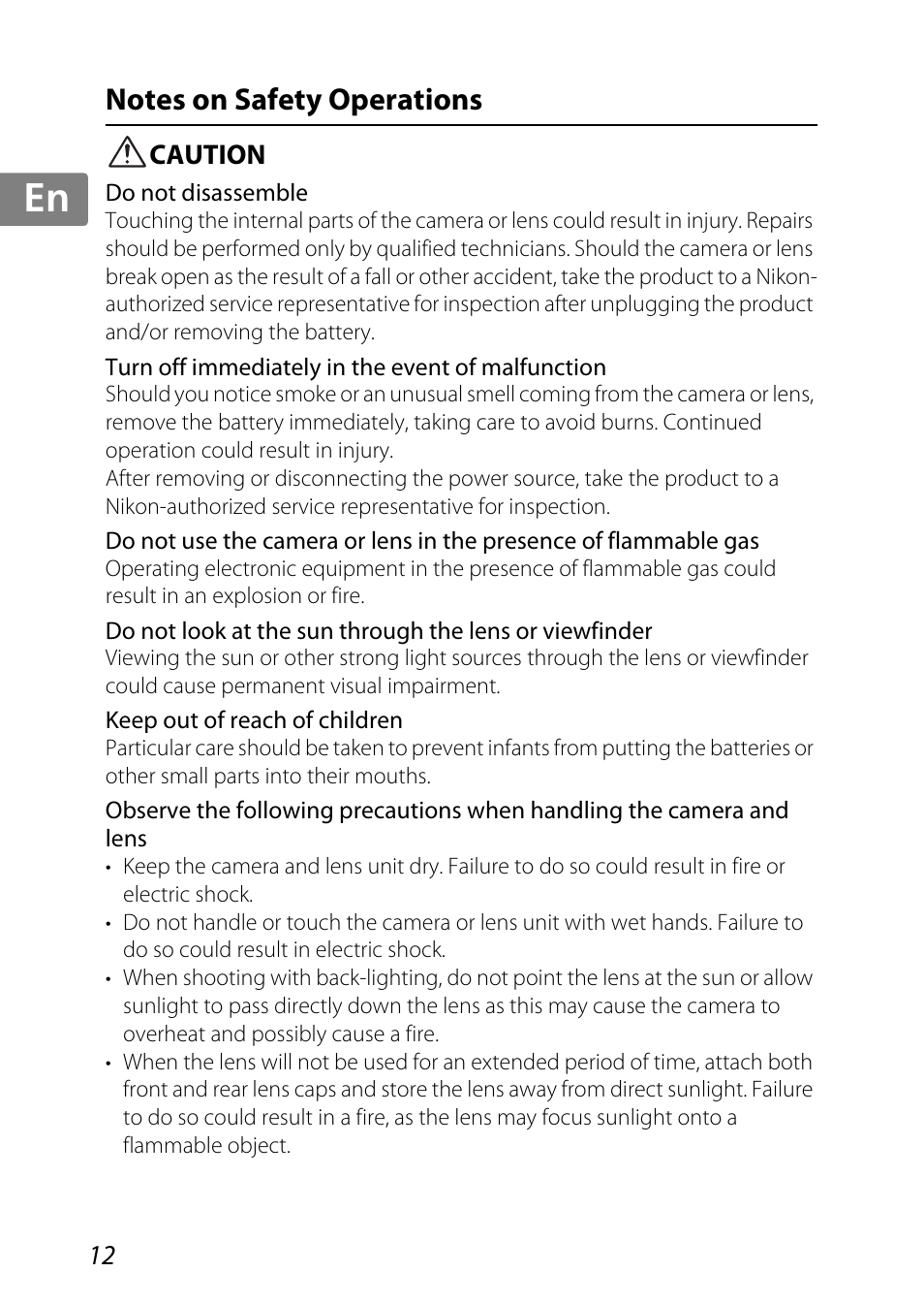 Notes on safety operations, Caution, Jp kr de it cz sk ck ch nl ru sv es en fr | Nikon AF-S DX Micro-NIKKOR 85mm f-3.5G ED VR User Manual | Page 12 / 152