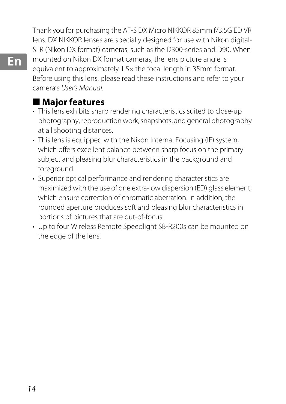 Major features, Jp kr de it cz sk ck ch nl ru sv es en fr | Nikon AF-S DX Micro-NIKKOR 85mm f-3.5G ED VR User Manual | Page 14 / 152