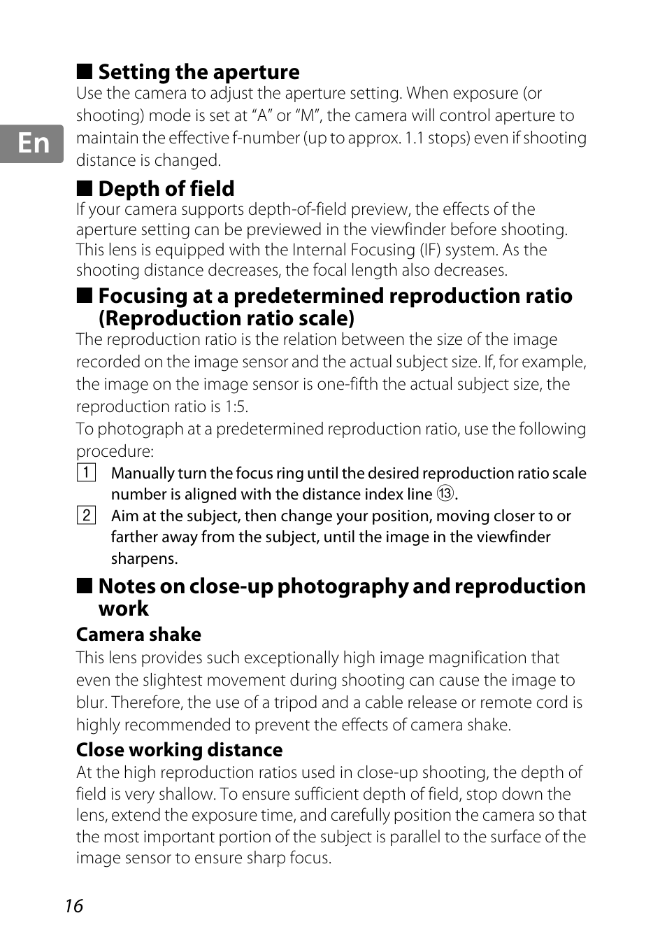 Setting the aperture, Depth of field, Camera shake | Close working distance, Tio scale (p. 16, P. 16, Jp kr de it cz sk ck ch nl ru sv es en fr | Nikon AF-S DX Micro-NIKKOR 85mm f-3.5G ED VR User Manual | Page 16 / 152