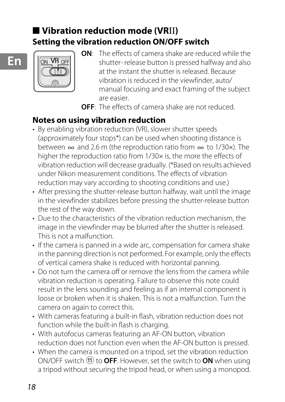 Vibration reduction mode (vrii), Setting the vibration reduction on/off switch, Notes on using vibration reduction | Switch (p. 18), Jp kr de it cz sk ck ch nl ru sv es en fr | Nikon AF-S DX Micro-NIKKOR 85mm f-3.5G ED VR User Manual | Page 18 / 152