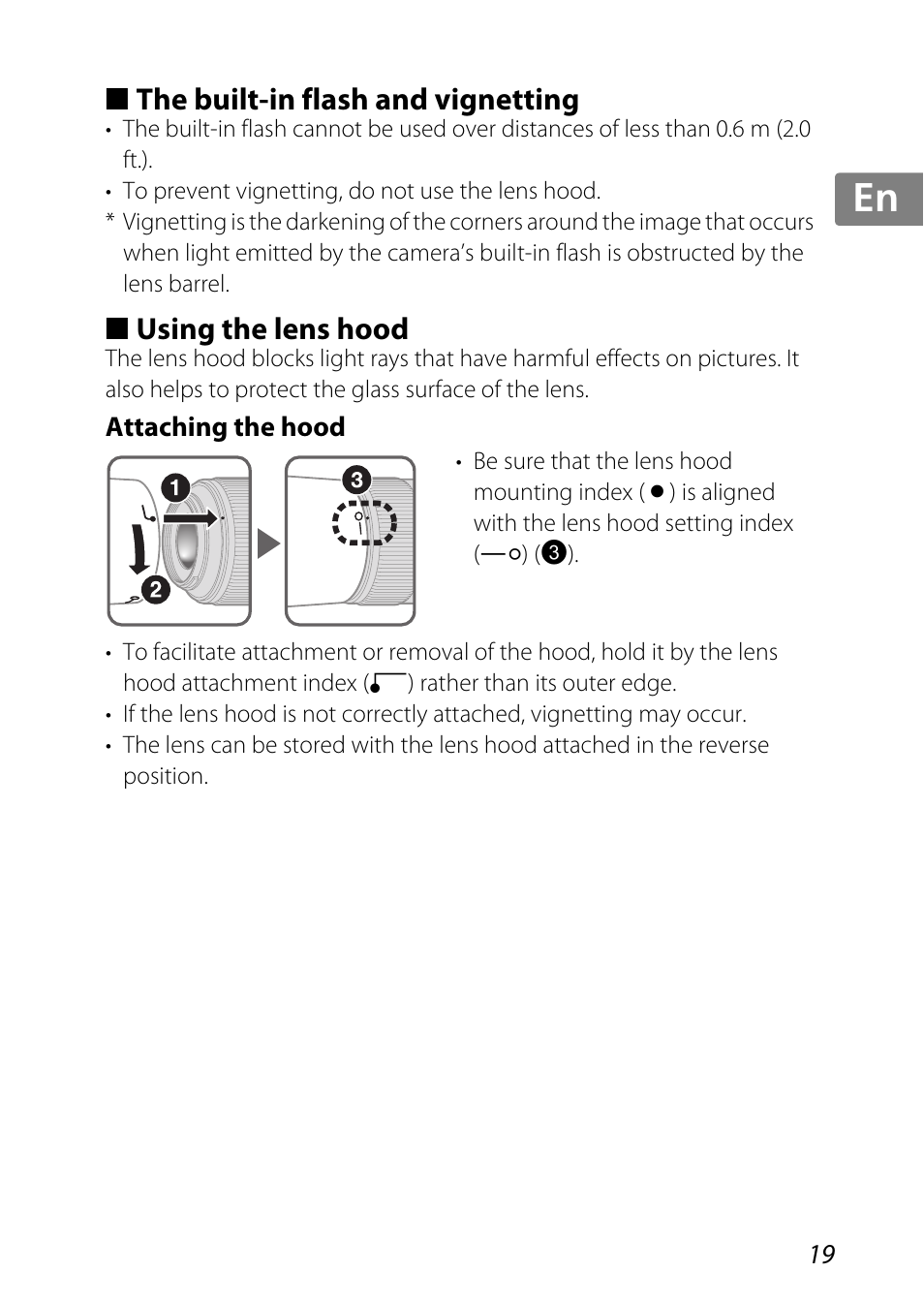 The built-in flash and vignetting, Using the lens hood, Attaching the hood | P. 19), Jp kr de it cz sk ck ch nl ru sv es en fr | Nikon AF-S DX Micro-NIKKOR 85mm f-3.5G ED VR User Manual | Page 19 / 152