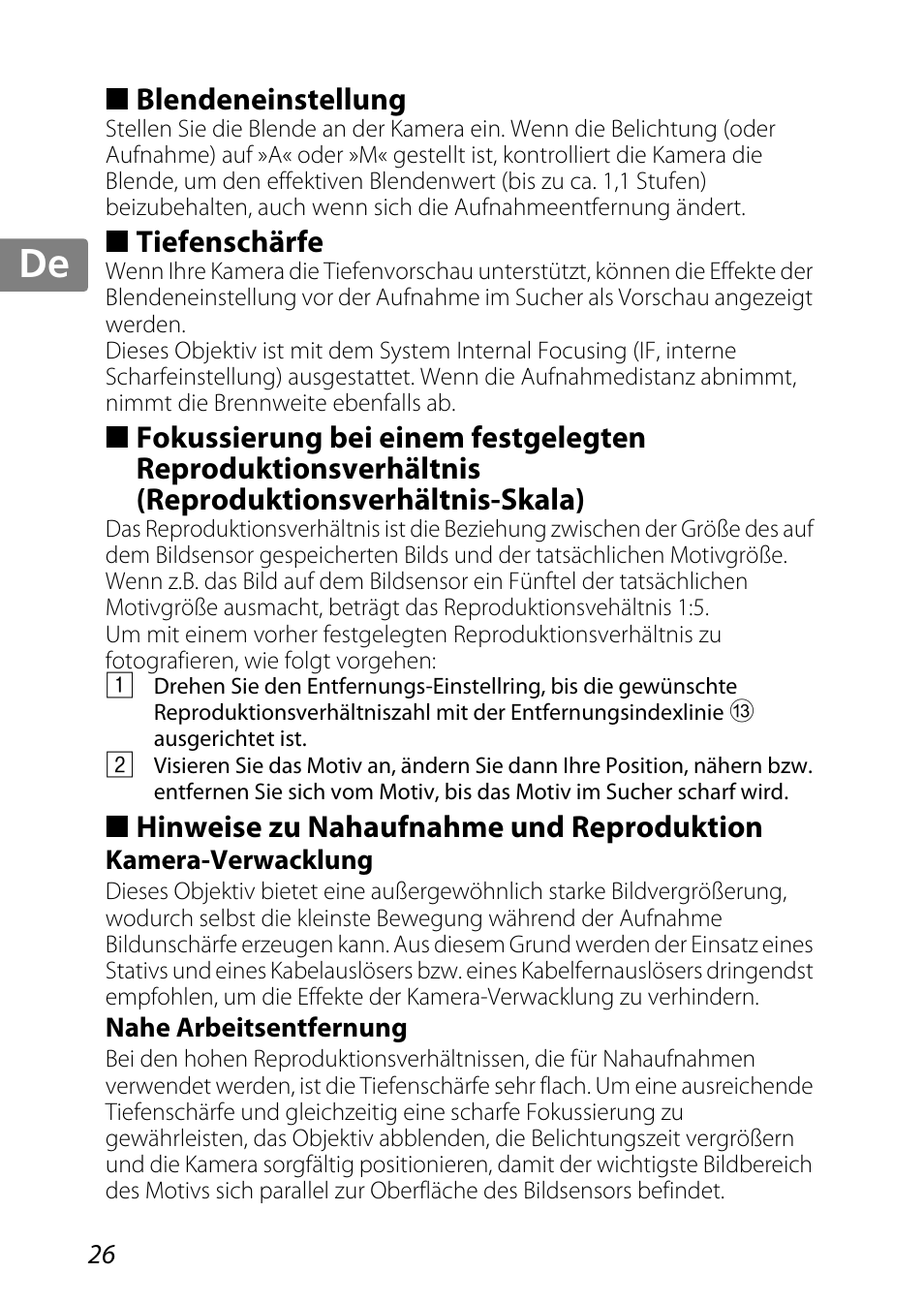 Blendeneinstellung, Tiefenschärfe, Hinweise zu nahaufnahme und reproduktion | Kamera-verwacklung, Nahe arbeitsentfernung, Jp kr de it cz sk ck ch nl ru sv es en fr | Nikon AF-S DX Micro-NIKKOR 85mm f-3.5G ED VR User Manual | Page 26 / 152