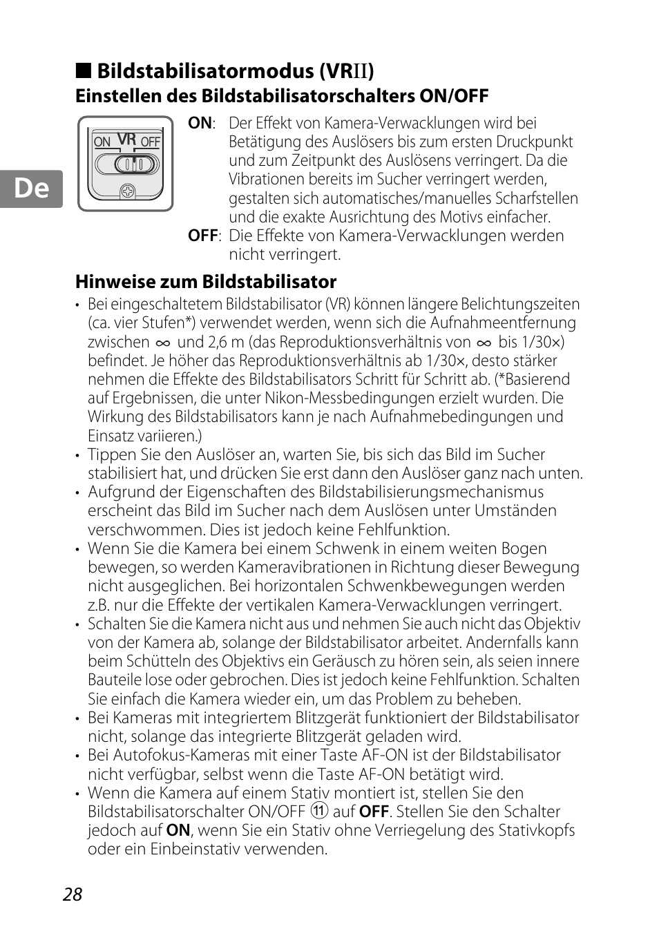 Bildstabilisatormodus (vrii), Einstellen des bildstabilisatorschalters on/off, Hinweise zum bildstabilisator | Jp kr de it cz sk ck ch nl ru sv es en fr | Nikon AF-S DX Micro-NIKKOR 85mm f-3.5G ED VR User Manual | Page 28 / 152