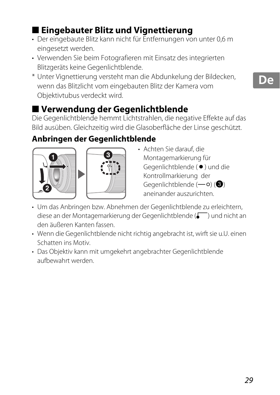 Eingebauter blitz und vignettierung, Verwendung der gegenlichtblende, Anbringen der gegenlichtblende | Jp kr de it cz sk ck ch nl ru sv es en fr | Nikon AF-S DX Micro-NIKKOR 85mm f-3.5G ED VR User Manual | Page 29 / 152