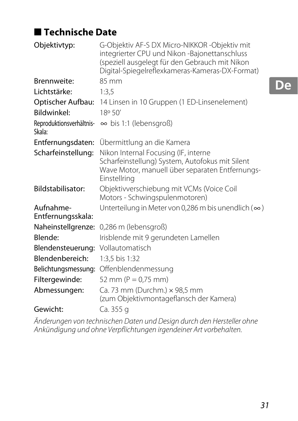 Technische date, Jp kr de it cz sk ck ch nl ru sv es en fr | Nikon AF-S DX Micro-NIKKOR 85mm f-3.5G ED VR User Manual | Page 31 / 152