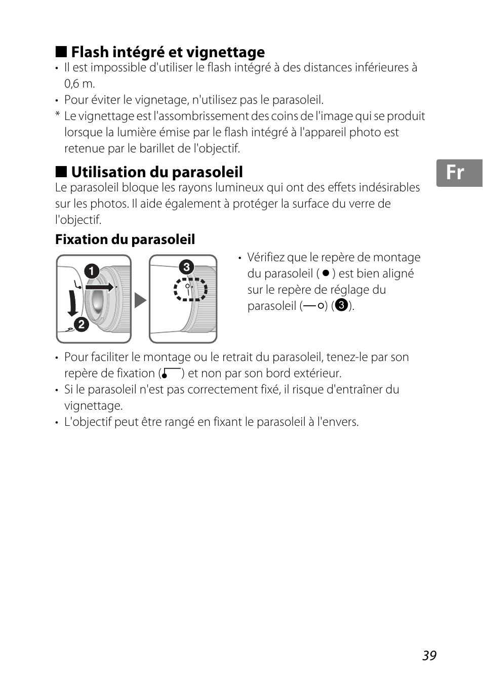 Flash intégré et vignettage, Utilisation du parasoleil, Fixation du parasoleil | Jp kr de it cz sk ck ch nl ru sv es en fr | Nikon AF-S DX Micro-NIKKOR 85mm f-3.5G ED VR User Manual | Page 39 / 152