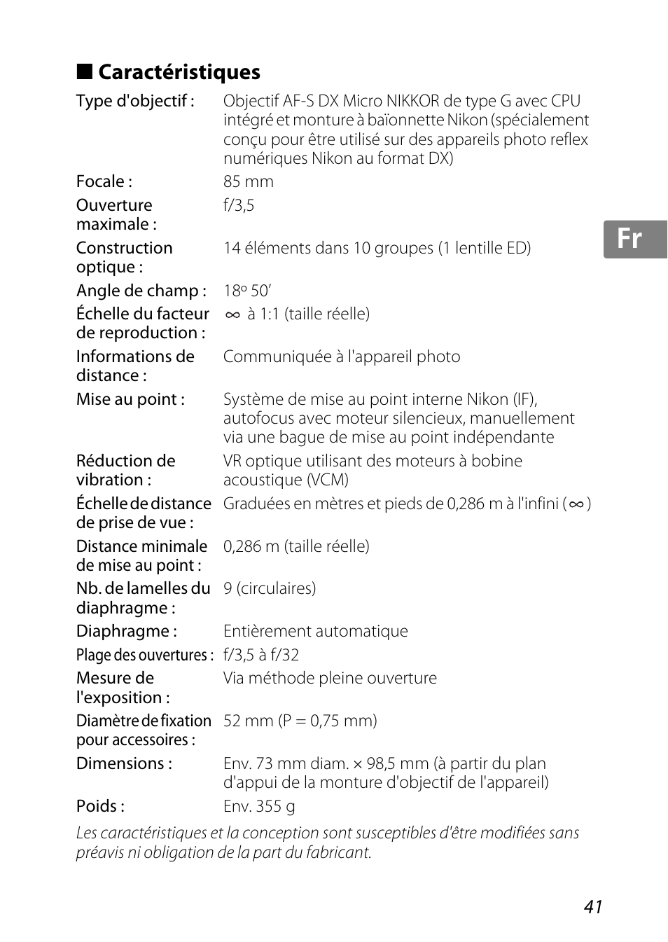 Caractéristiques, Jp kr de it cz sk ck ch nl ru sv es en fr | Nikon AF-S DX Micro-NIKKOR 85mm f-3.5G ED VR User Manual | Page 41 / 152