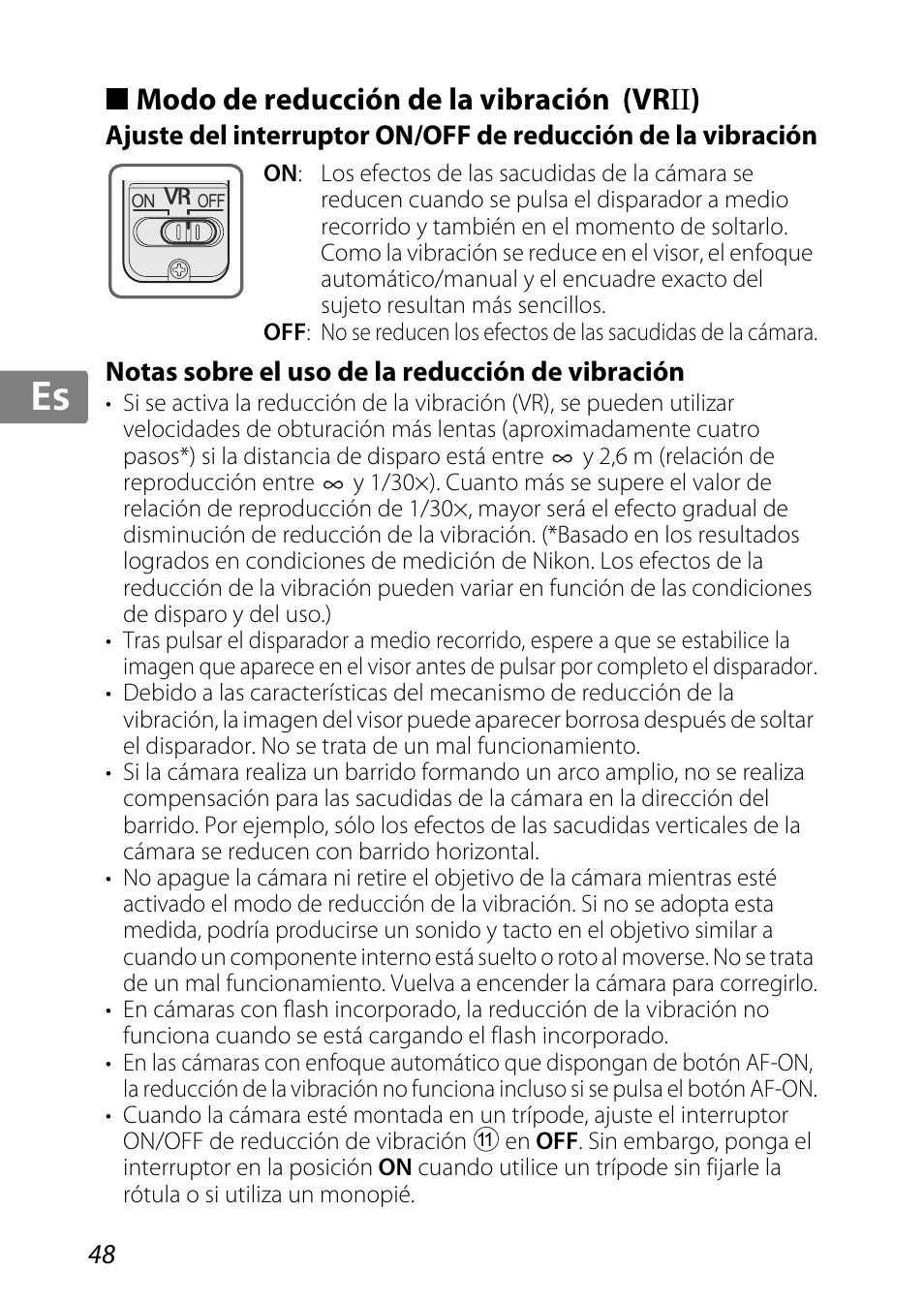 Modo de reducción de la vibración (vrii), Notas sobre el uso de la reducción de vibración, Jp kr de it cz sk ck ch nl ru sv es en fr | Nikon AF-S DX Micro-NIKKOR 85mm f-3.5G ED VR User Manual | Page 48 / 152