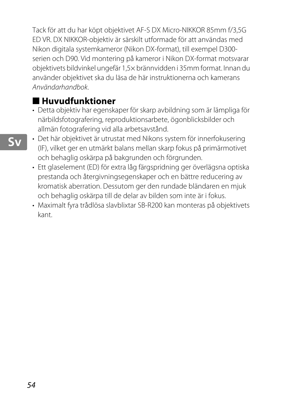 Huvudfunktioner, Jp kr de it cz sk ck ch nl ru sv es en fr | Nikon AF-S DX Micro-NIKKOR 85mm f-3.5G ED VR User Manual | Page 54 / 152