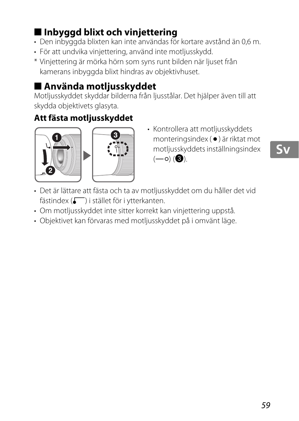 Inbyggd blixt och vinjettering, Använda motljusskyddet, Att fästa motljusskyddet | Jp kr de it cz sk ck ch nl ru sv es en fr | Nikon AF-S DX Micro-NIKKOR 85mm f-3.5G ED VR User Manual | Page 59 / 152