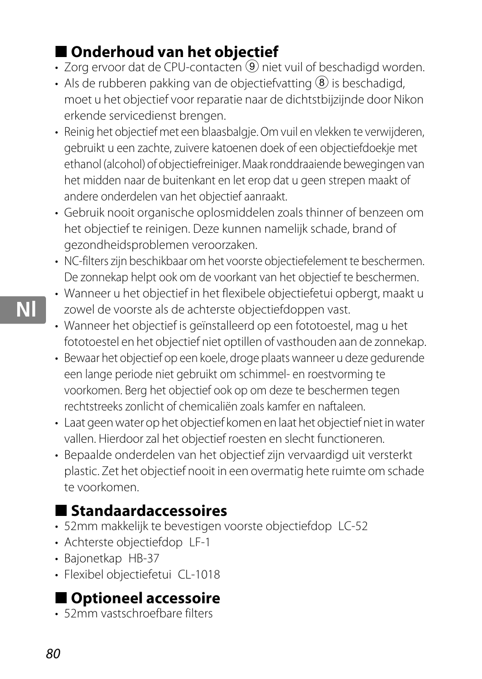 Onderhoud van het objectief, Standaardaccessoires, Optioneel accessoire | Jp kr de it cz sk ck ch nl ru sv es en fr | Nikon AF-S DX Micro-NIKKOR 85mm f-3.5G ED VR User Manual | Page 80 / 152