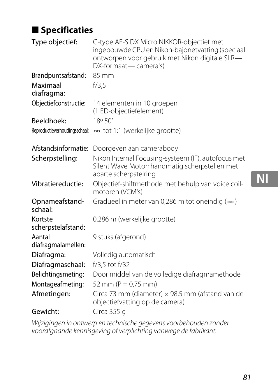 Specificaties, Jp kr de it cz sk ck ch nl ru sv es en fr | Nikon AF-S DX Micro-NIKKOR 85mm f-3.5G ED VR User Manual | Page 81 / 152